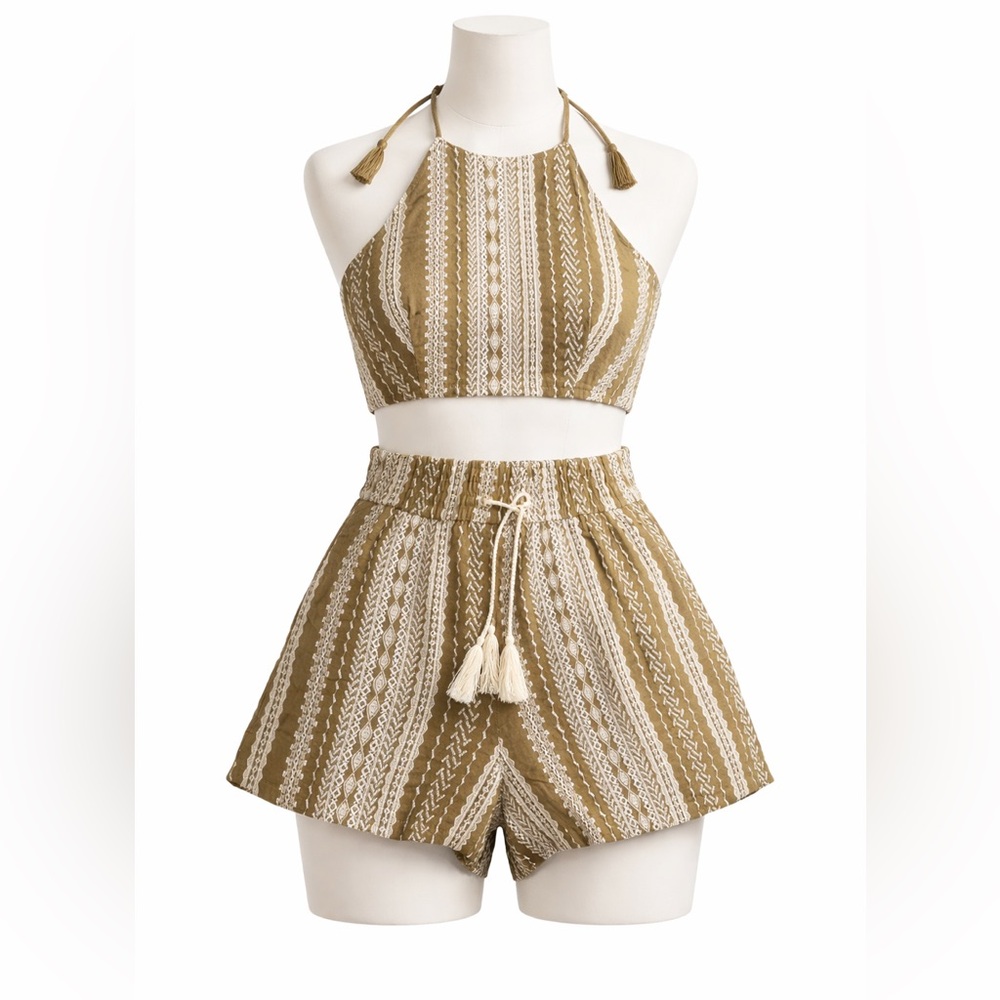 House of Harlow 1960 Embroidered Linen Halter Shorts Set Medium Revolve Boho